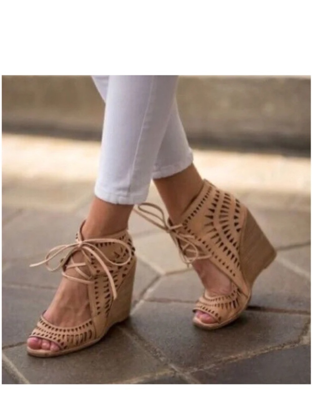 Jeffrey Campbell Rodillo Lace-Up Cutout Wedge Sandals in Nude